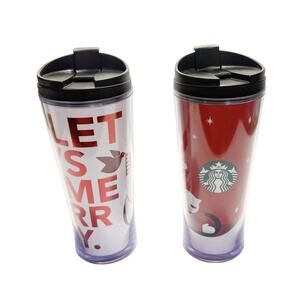 Starbucks Coffee 2011 Set of 2 Christmas Holiday Travel Tumbler Fox & Dog